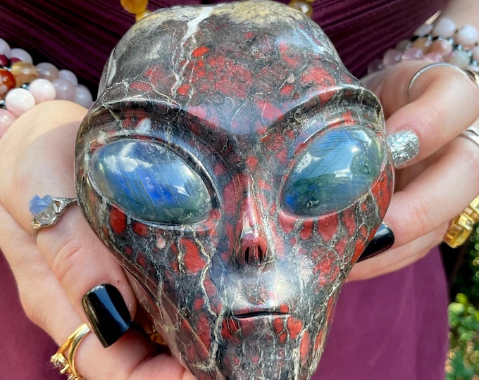 Brecciated Red Jasper Alien Crystal Skull ~ Large 2 Lb. 15 oz. ~ 4" Long ~ w/ Labradorite Eyes ~One-of-a-Kind Color ~ Hand Crafted Sculpture