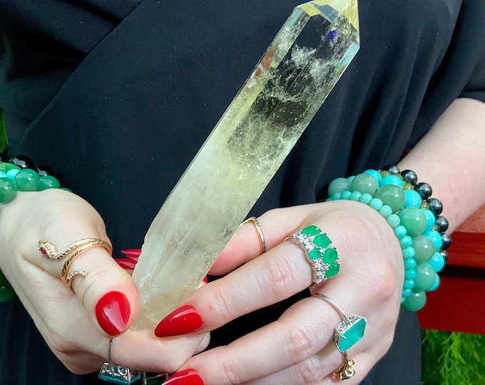 Citrine Quartz Crystal Wand ~ Large 5 oz. ~ 5 1/2" Long ~ High Altitude Himalayan Point ~ Clear Yellow Phantoms Sparkling Rainbow Inclusions