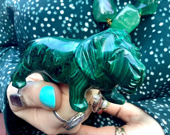 Malachite Crystal Lion ~ 6 oz. ~ 3 1/2" Long ~ Vintage Carving~ Polished and Hand Carved in Congo, Africa ~ Fast & Free Shipping, U.S.A ~