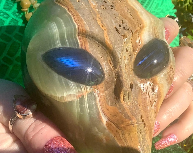 Afghan Jade Alien Skull Crystal Large 2 Lb. 12 oz. with Blue Labradorite Eyes ~ 4" Long ~ One-of-a-Kind Crafted Hand Carved Sculpture