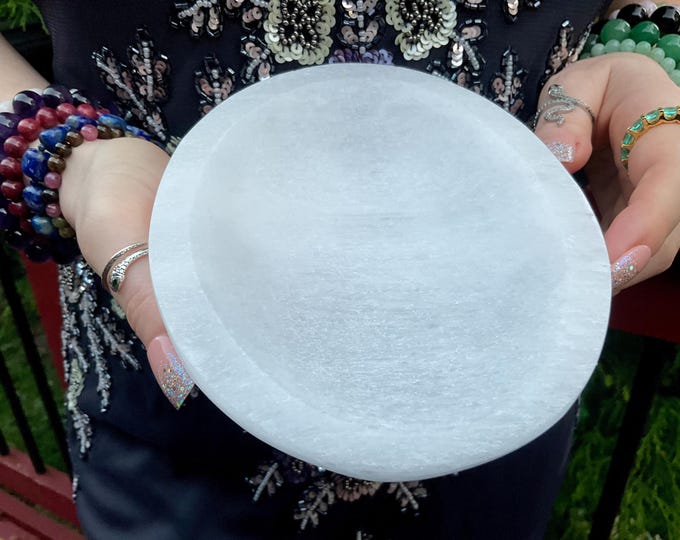 Selenite Crystal Jewelry Dish ~ Large 15 oz. - 5 1/2" Oval ~ Beautiful Polished Transparent White Mineral ~ Swirling Pearlescent Patterns