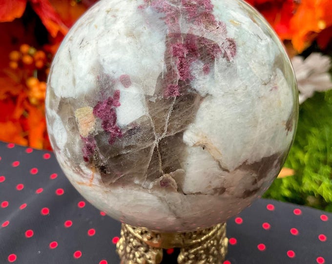 Red Tourmaline Crystal Ball ~ w/ Decorative Metal Display Stand ~ 1 Lb. 10 oz. ~ 3" Wide ~ Rubellite ~ Free & Fast Shipping, USA + Global ~