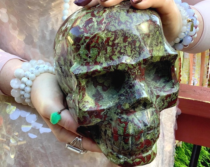 Dragon Bloodstone Crystal Skull ~ Large 11 Lb. 12 oz. ~ 6" Tall ~ Fiery Red and Green Polished Stone ~ Highest Quality Metaphysical Decor