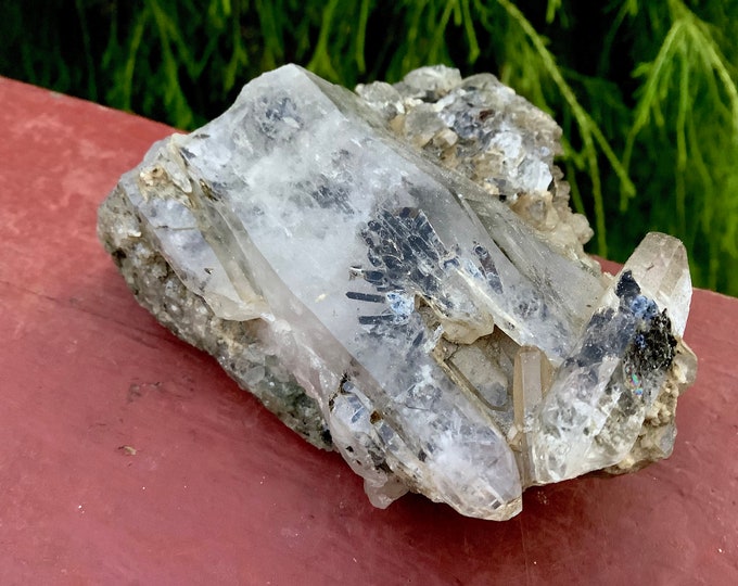 Himalayan Clear Quartz Crystal Cluster ~ 6.7 oz. ~ 3" Long ~ Actinolite Encrusted Inclusions ~ Sparkling Points ~ Natural Ancient Striations