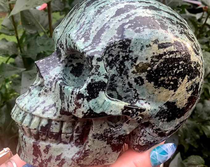 Green & Black Jasper Crystal Skull ~ Large 3 Lb. 2 oz. ~ 5" Long ~ High Quality ~ Expertly Hand Carved ~ Swirling Deep Green Colors