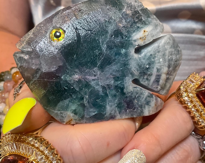 Vintage Fluorite 5 oz. Tropical Fish ~ 3" Long ~ Colorful Swirling Rainbow Green, Purple & White Colors ~ Hand Carved Animal Totem