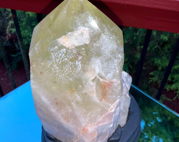 Clear Citrine Quartz Crystal Point ~ 7 Lb.  13 oz. ~ 8" Tall~ Sparkling Yellow with Golden Rainbow Inclusions ~ Custom Hand Carved Stand