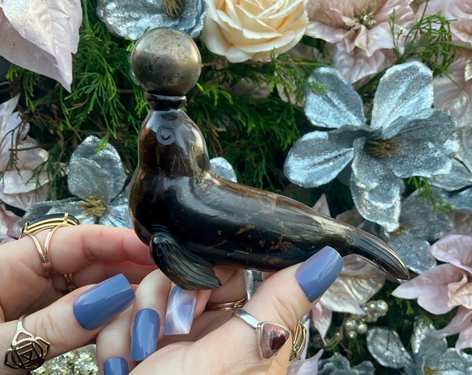 Tigers Eye Seal Crystal Carving with Ball ~ 10 oz. ~ 5" Long ~ Hand Carved from South Africa ~ Sparkling Golden Red Brown Black Colors