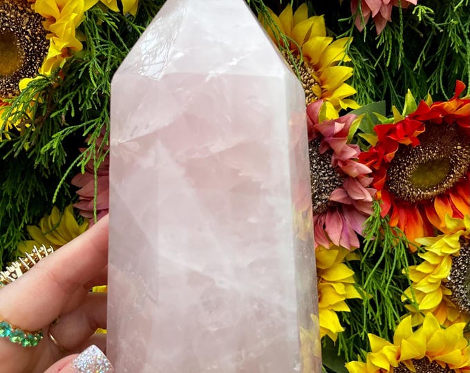 Rose Quartz Crystal Generator ~ Large 2 Lb. ~ 6" Tall Tower ~ Swirling Pink & White Colors ~ Sparkling Rainbow Inclusions