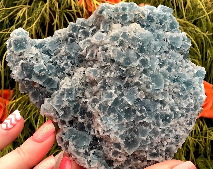 Blue Fluorite Crystal Cluster ~ Large 1 Lb. 3 oz. ~ 4" Long ~ Cubic Formation ~ Third Eye Chakra Altar Display ~ Metaphysical Home Decor