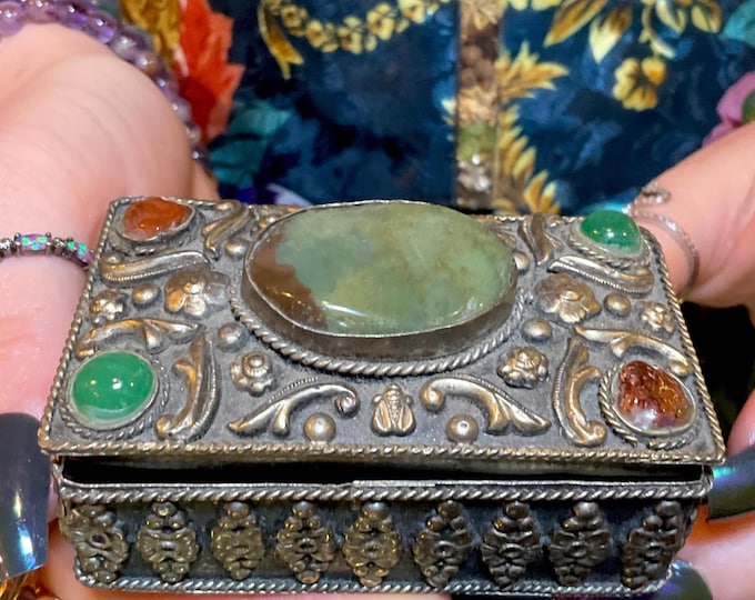 Vintage Agate Inlaid Moroccan Jewelry Box ~ 3" Long with Semi Precious Stones ~ Handmade from Morocco Covered with Silvered Metal Filigree