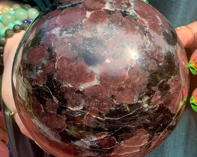Astrophyllite Crystal Ball ~ Large 7 Lb. 11 oz. Sphere ~ 5" Wide ~With Red Garnet, Quartz, Tourmaline Inclusions ~ Stunning Display Specimen