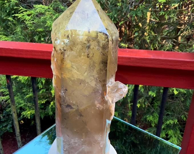 Clear Citrine Quartz Crystal Point ~ 6 Lb.  15 oz. ~ 10" Tall~ Sparkling Yellow with Golden Rainbow Inclusions ~ Custom Hand Carved Stand