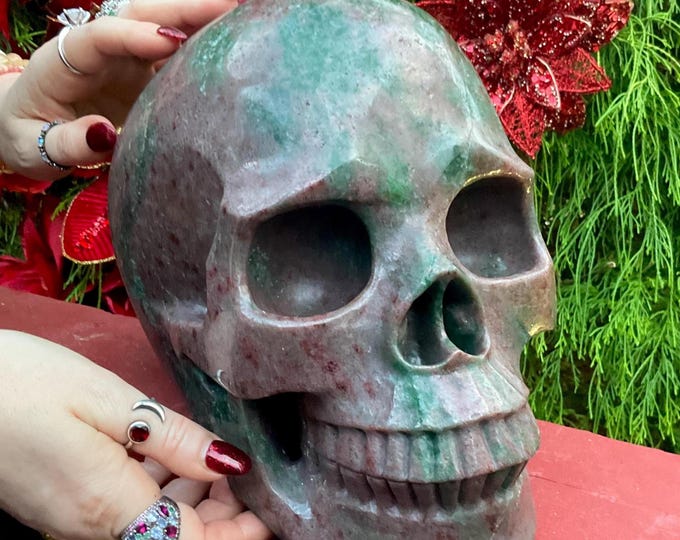 Huge 30 Lb. Red & Green Garnet Crystal Skull ~ 10" Long ~ Stunning Metaphysical Home Decor ~ Reiki, Altar, Centerpiece Display ~ Hand Carved