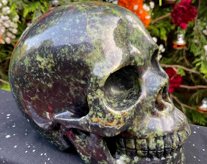 Bloodstone Crystal Skull ~ Large 2 Lb. 12 oz. ~ 5" Long ~ Red and Green ~ One-of-a-Kind ~ Expertly Hand Carved Sculpture