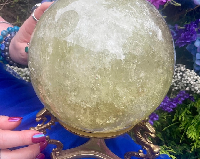 Citrine Crystal Ball with Brass Stand ~ Large 12 Lb. ~ 6" Wide ~ Polished Golden Quartz Sphere ~ Sparkling Inclusions ~ Altar, Reiki Display
