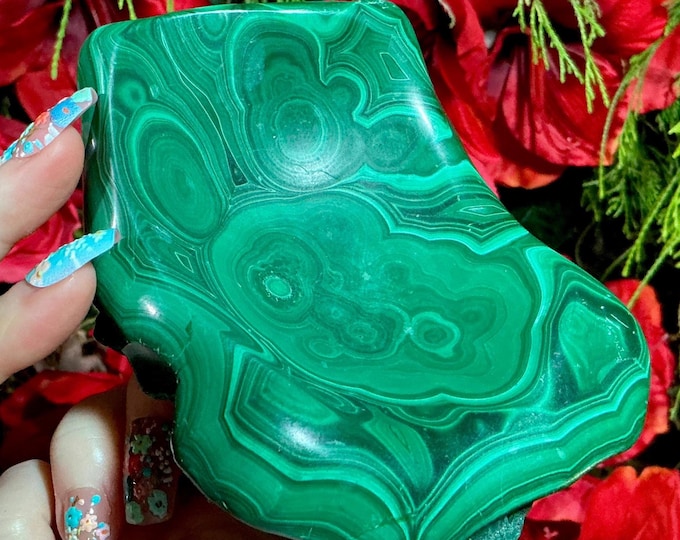 Malachite Crystal Bowl ~ 1 Lb. 10 oz. - 5" Long ~ Vintage Green Mineral Specimen ~ Swirling Bulls Eye Patterns, from Congo, Africa