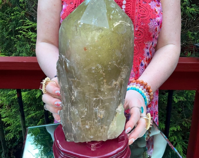 Clear Citrine Quartz Crystal Point ~ 13 Lb.  7 oz. ~ 10" Tall~ Sparkling Yellow with Golden Rainbow Inclusions ~ Custom Hand Carved Stand