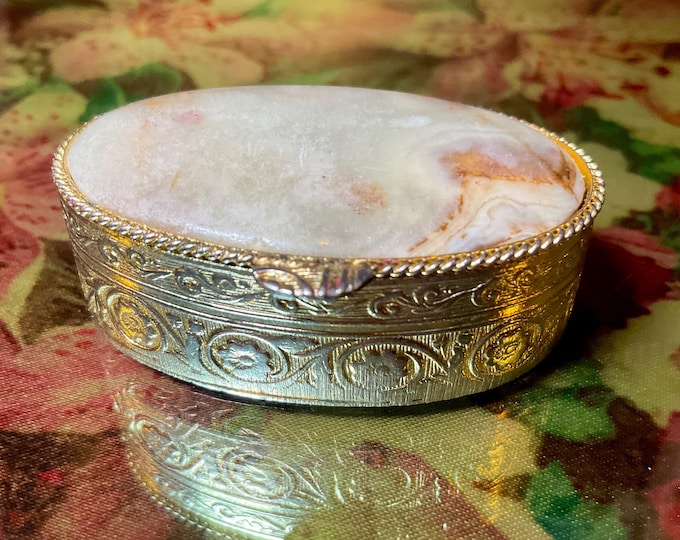 Afghan Jade Pill Box with Lid ~ 2" Oval ~ Handmade Vintage Antique Golden Display Box ~ Swirling Golden Yellow Colors