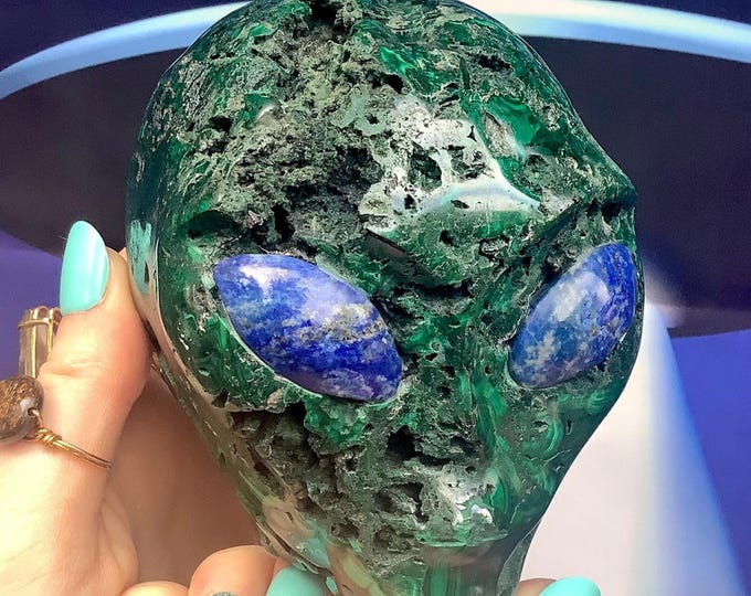 Malachite Alien Skull Crystal Large 3 Lb. 2 oz. ~ 4" Long ~ Sparkling Blue Lapis Lazuli Eyes ~ Colorful Green Black Swirling Inclusions