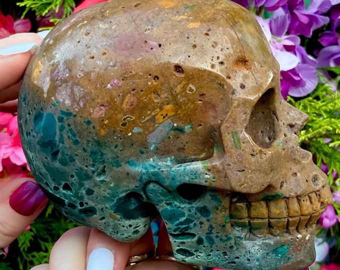 Ocean Jasper Crystal Skull ~ Large 2 Lb. 10 oz. ~ 5" Long ~ High Quality ~ Expertly Hand-Carved Sculpture Vivid Colors