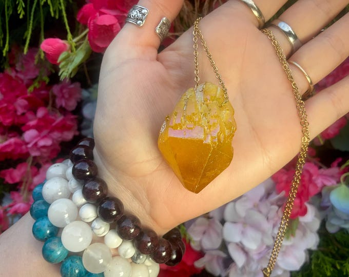 Yellow Aura Quartz Crystal Pendant Necklace ~ 1 1/2" Long ~ One-of-a-Kind ~ Sparkling Elestial ~ Fast & Free Shipping, USA + Global Shipping