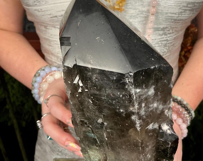 Black Morion Quartz Display Crystal 8 Lb. 14 oz.  Single-Terminated Point Cluster ~ 12" Tall ~Natural Black Color ~ Custom Hand Carved Stand