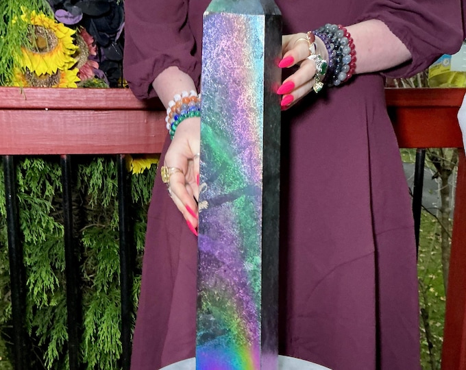 Aura Shungite Crystal Generator ~ Large 25 Lb. ~ 21" Tall Tower ~ Rainbow Colors ~ Pink, Blue, Green, Yellow ~ Fast & Free Shipping from USA