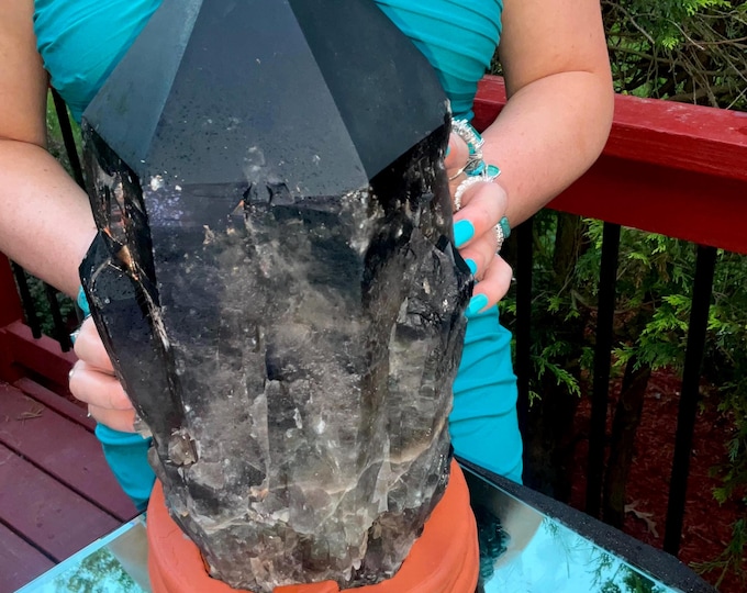 Black Morion Quartz Display Crystal 25 Lb. Single-Terminated Point Cluster ~ 12" Tall ~Natural Black Color ~ Custom Hand Carved Stand