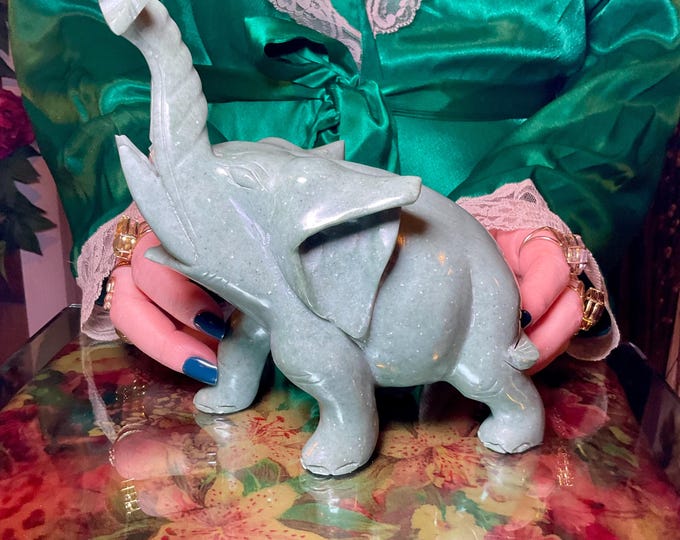 Green Aventurine Crystal Elephant ~ 3 Lb. 3 oz. ~ 6" Long ~ Vintage Hand Carved Spirit Animal Totem