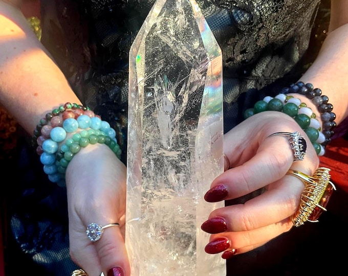 Ultra Clear Quartz BRAZILIAN Crystal Generator ~ Large 1 lb. 14 oz. ~ 8" Tall ~ Sparkling Silver & Rainbow Inclusions ~ Metaphysical Decor