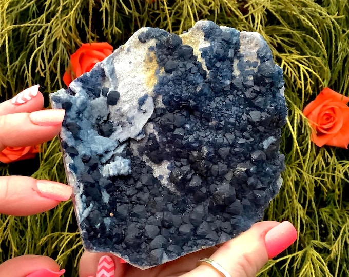 Indigo Blue Fluorite Crystal Cluster ~ Large 15 oz ~ 4" Long ~ Cubic Formation ~ Third Eye Chakra Healing Altar, Reiki Display, Metaphysical