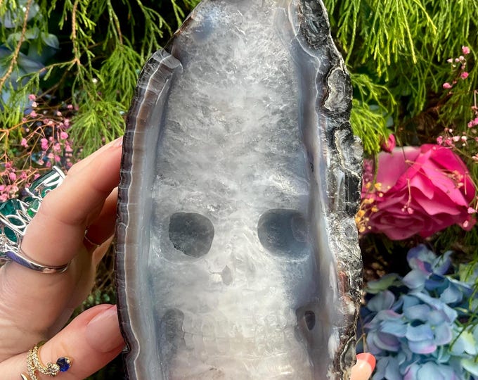 Banded Agate Crystal Skull ~ Large 3 Lb. ~ 5" Tall ~ Swirling Sparkling Black, Blue & Clear Quartz ~ Expertly Hand-Carved Display Sculpture