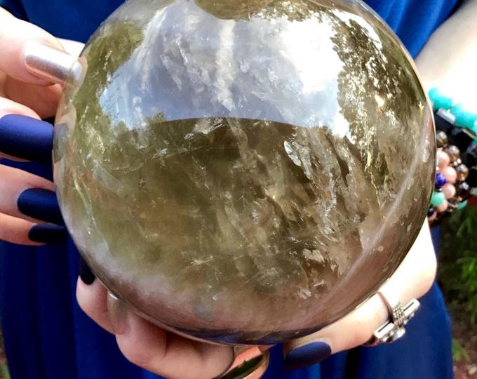 Smokey Citrine Crystal Ball ~ Large 4 Lb. 7 oz. ~ 4" Wide ~ White Quartz Banded Lines ~ Stunning Home Decor ~ Solar Plexus Chakra, Altar ~