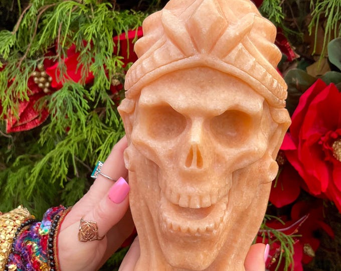 Orange Calcite Crystal Sultan Skull ~ 6 Lb. ~ 7" Tall ~ Beautiful Hand Carved Display ~ Reiki, Altar, Feng Shui, Yoga ~ Fast & Free Shipping