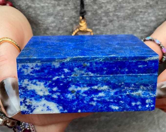 Lapis Lazuli Jewelry Box with Lid~ 2 1/2" Long ~ Handmade from Afghanistan ~ Vintage Display Specimen ~ Swirling Blue Color with Gold Pyrite