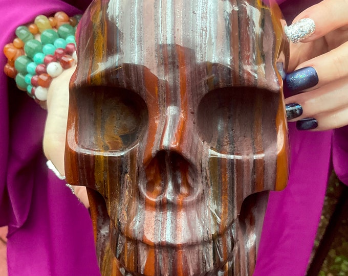 Tigers Eye Crystal Skull ~ Large 8 Lb. 12 oz. ~ 7" Long ~ One-of-a-Kind Carving ~ Swirling Golden Red Brown & Black Colors ~