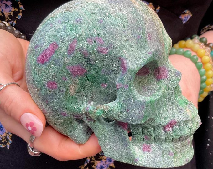 Ruby & Fuchsite Crystal Skull ~ 3 Lb. 2 oz.~ Sparkling Green and Red Colors ~ 5" Long ~ Hand-Crafted Display Sculpture