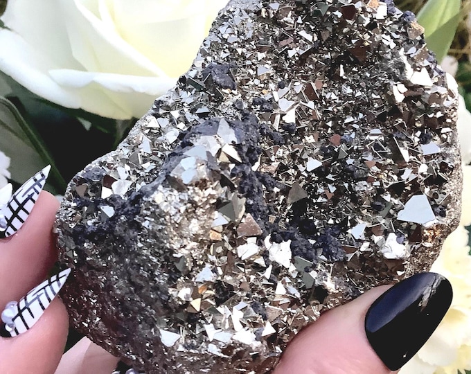 Pyrite Crystal Cluster ~ Large 15 oz. ~ 3 1/2" Long ~ Super Sparkly Golden Specimen ~ Meditation Stone, Feng Shui