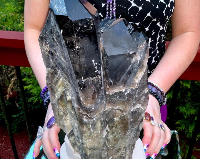 Black Morion Quartz Display Crystal 13 Lb. 3 oz.  Single-Terminated Point Cluster ~ 12" Tall ~Natural Black Color ~ Custom Hand Carved Stand