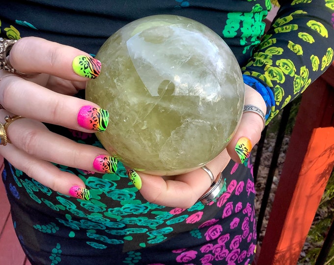 Citrine Crystal Ball ~ Large 2 Lb. 12 oz. ~ 3 1/2" Wide ~ Sparkling Rainbow Inclusions ~ Big Polished Golden Sphere ~ Flashing Silver Colors