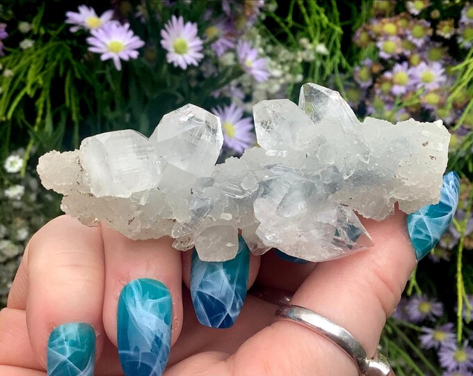 Ultra Clear Apophyllite Crystal Cluster ~ 1.6 oz. ~ 3" Long ~ Handheld Meditation Size ~ Sparkling Altar, Reiki Display ~ Fast Free Shipping