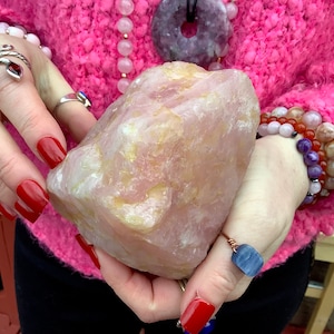 Rose Quartz Freeform Crystal ~ Large 2 lb. 5 oz ~ 4&quot; Long ~ Gemmy Pink with Golden Healer Inclusions ~ Crystal Goddess 888 Collection, U.S.A