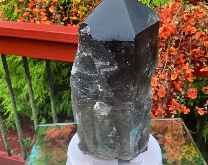 Black Morion Quartz Display Crystal 9 Lb. 12 oz.  Single-Terminated Point Cluster ~ 11" Tall ~Natural Black Color ~ Custom Hand Carved Stand