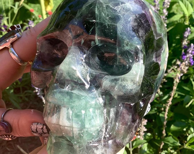 CLEARANCE ~ Rainbow Fluorite Crystal Skull ~ Large 3 Lb. 3 oz. ~ 4" Long ~ Hand Carved ~ Translucent Blue, Green Clear Crystal Sculpture