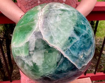 Huge 34 Lb. Blue & Green Fluorite Crystal Ball ~ 9" Wide ~ Stunning Metaphysical Home Decor, Centerpiece Display ~ Rare Color Combination