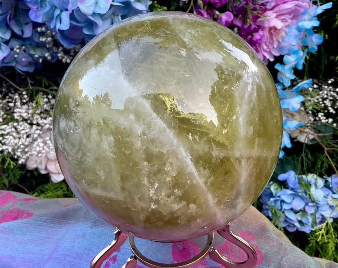 Citrine Crystal Ball w/ Brass Display Stand ~ Large 11 lb. ~ 6" Wide ~ Natural Golden Yellow & Smokey Colors ~ Metaphysical Home Decor ~