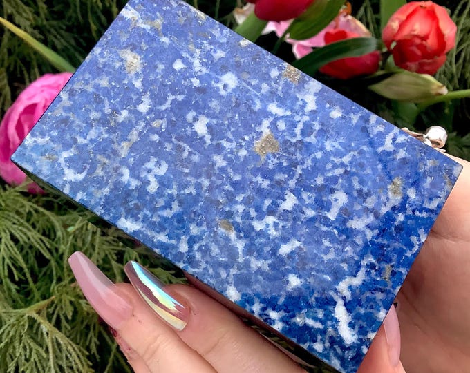 Sodalite Jewelry Box with Lid ~ 3 1/2" Long ~ Handmade in Brazil ~ Vintage Display ~ Speckled Sodalite ~ Blue & White Calcite Colors