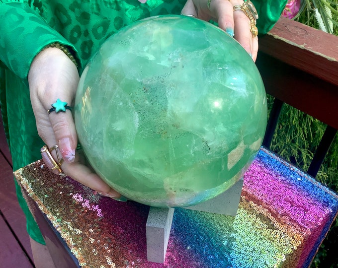 Green Fluorite Crystal Ball ~ Large 22 lb. ~ 7" Wide ~ w/ Custom Wooden Display Stand ~ Stunning Display, Home Decor ~ TARIFF FREE from USA