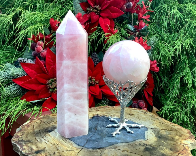 Rose Quartz Crystal Ball & Tower with Stand ~ Crystal Gift Set Generator and Sphere Display ~ Free Gift-Wrapping ~ Fast Free Shipping